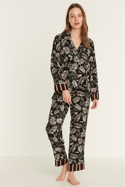 C&City Desenli Viskon Uzun Kol Gömlekli Pijama Takım 9082 Siyah