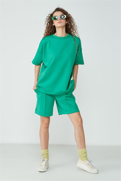 C&City Sıfır Yak Sweatshirt Biyeli Şort Pijama Takım 9101 Yeşil