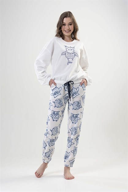 C&City Yumuşak Dokulu Baykuş Desenli Polar Pijama Takım 2020200358 Parlak Beyaz