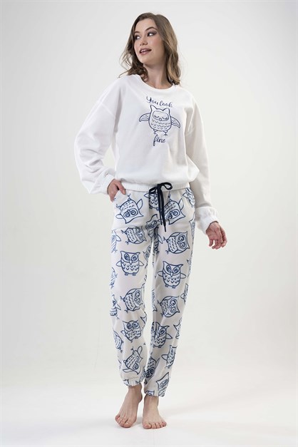 C&City Yumuşak Dokulu Baykuş Desenli Polar Pijama Takım 2020200358 Parlak Beyaz